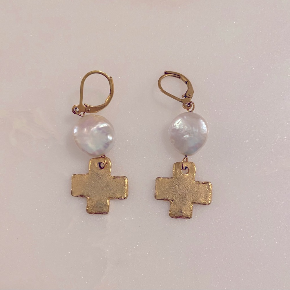 Freshwater Pearl Drop Cross Earrings